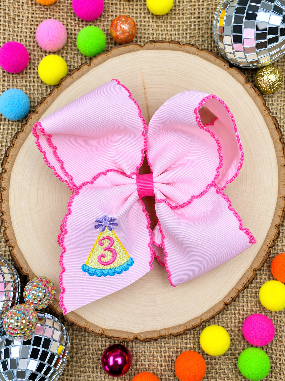 Birthday girl party hat moonstitch hair bow with number 3