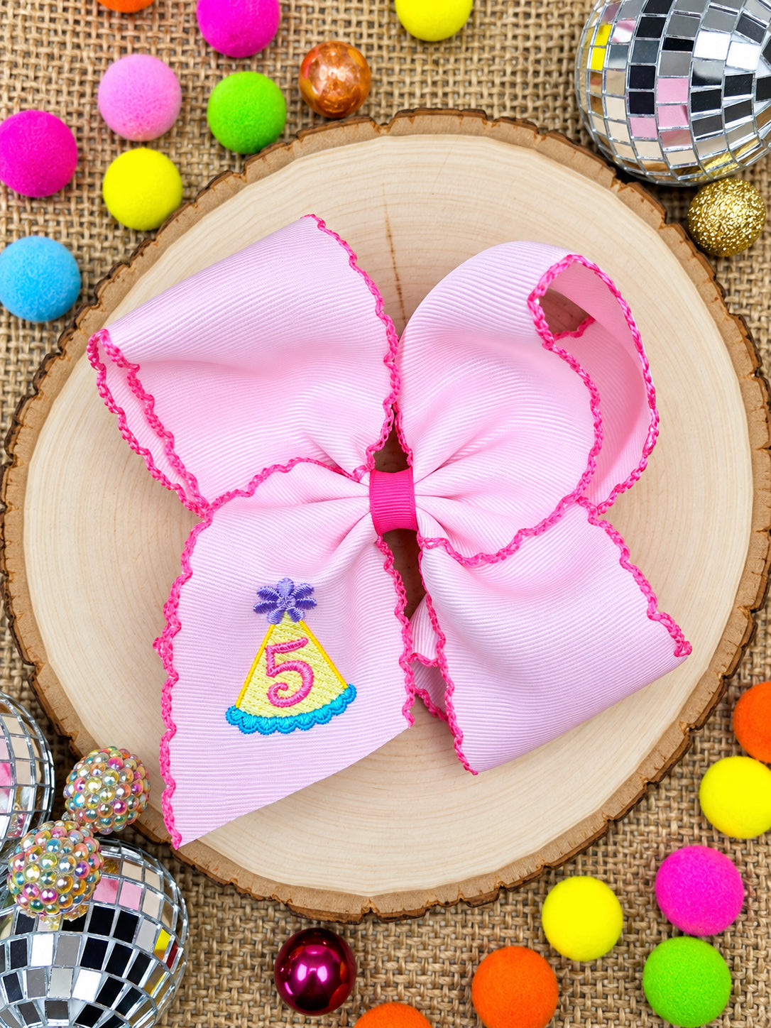 Birthday girl party hat moonstitch hair bow with number 5