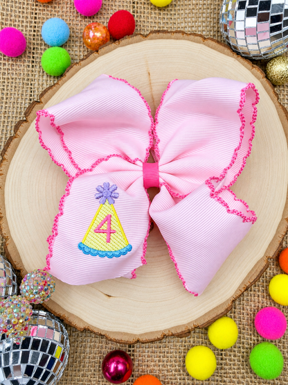 Birthday Girl Party Hat Moonstitch Hair Bow with a 4 embroidered 