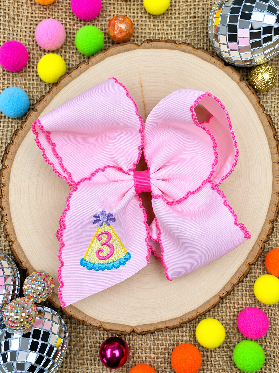Birthday Girl Party Hat Moonstitch Hair Bow with a 3 embroidered 