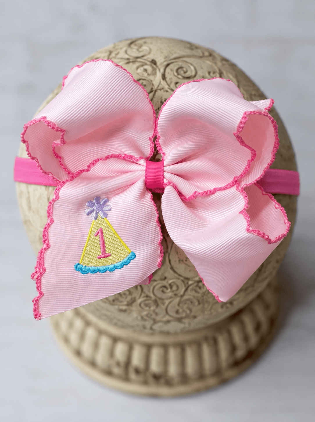 Birthday Girl Party Hat Moonstitch Headband with a 1 embroidered 