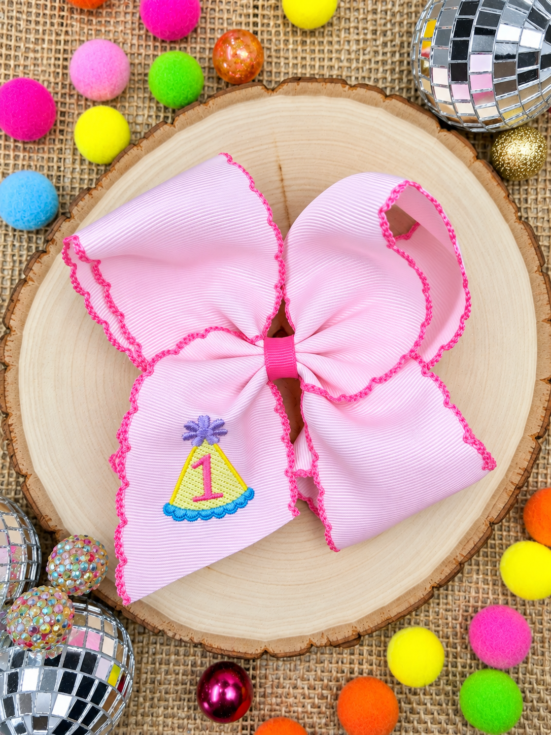 Birthday Girl Party Hat Moonstitch Hair Bow with a 1 embroidered 