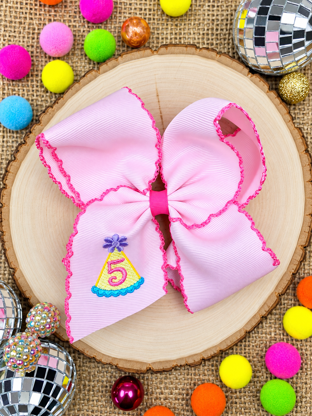 Birthday Girl Party Hat Moonstitch Hair Bow with a 5 embroidered 
