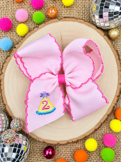 Birthday Girl Party Hat Moonstitch Hair Bow with a 2 embroidered 