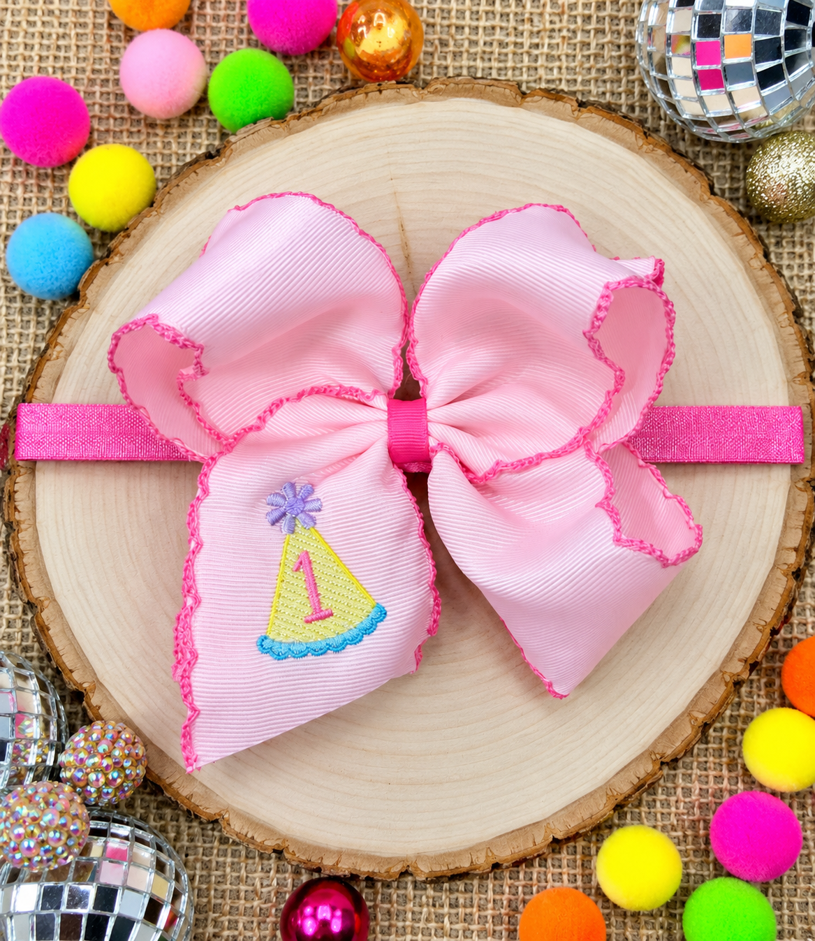 Birthday Girl Party Hat Moonstitch Headband with a 1 embroidered 