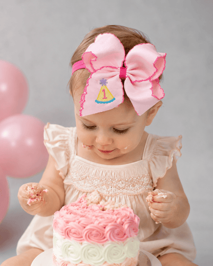 Birthday Girl Party Hat Moonstitch Headband with a 1 embroidered 