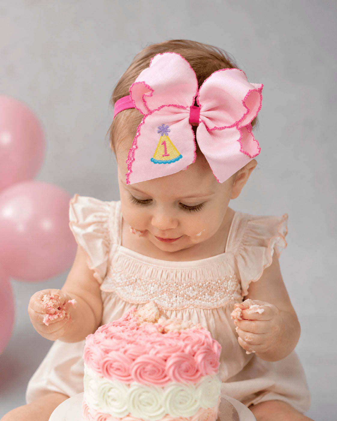 Birthday girl party hat moonstitch bow headband with number 1