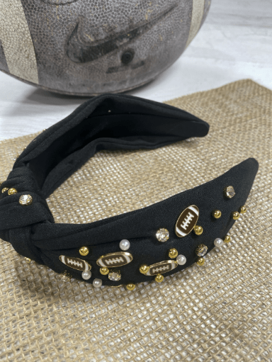 Black football glam headband with gold and pearl embellishments, alternate view