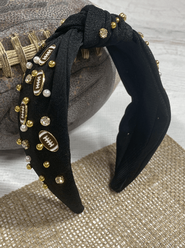 Black football glam headband with gold and pearl embellishments