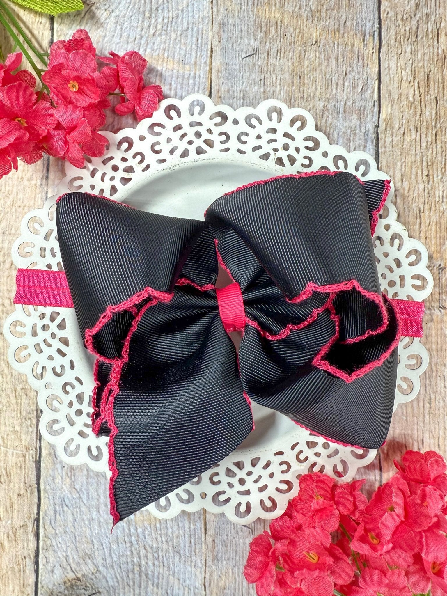 Black with Hot Pink Moonstitch Bow Headband
