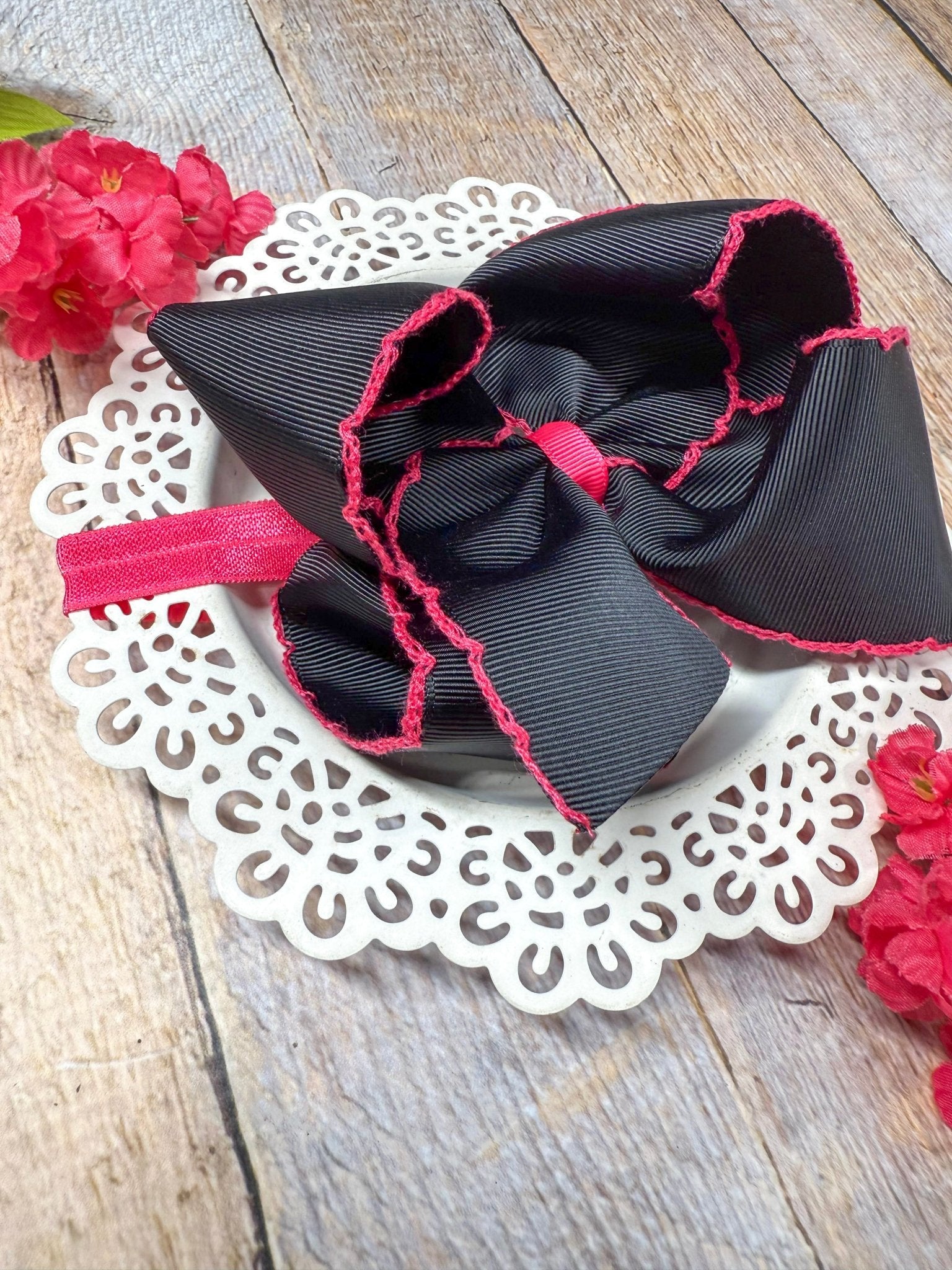 Black with Hot Pink Moonstitch Bow Headband