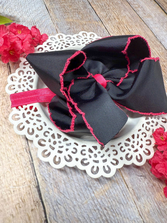 Black with Hot Pink Moonstitch Bow Headband - Alternative view