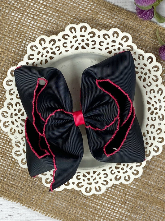 Black with Hot Pink Moonstitch Hair Bow - Alternative view
