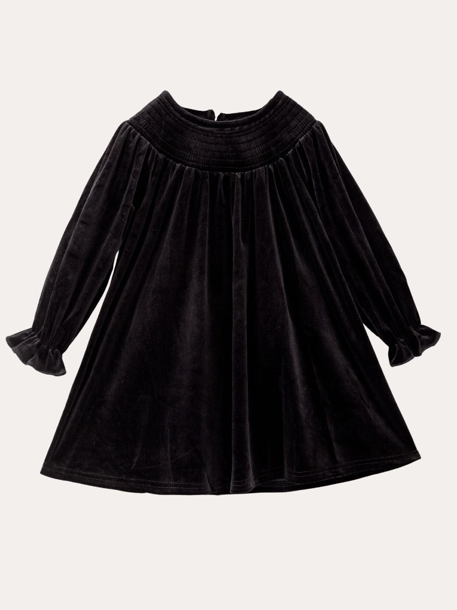 Black velvet girls dress with smocked yoke and long puff sleeves, a classic holiday dress — The Hair Bow Company