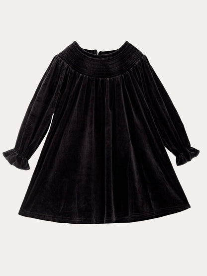 Black velvet girls dress with smocked yoke and long puff sleeves, a classic holiday dress — The Hair Bow Company