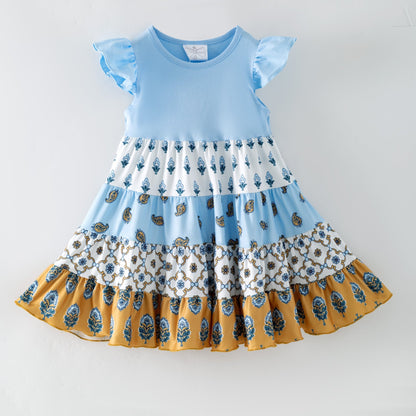 Boutique Boho Children's dress with blue top and floral skirt on a white background