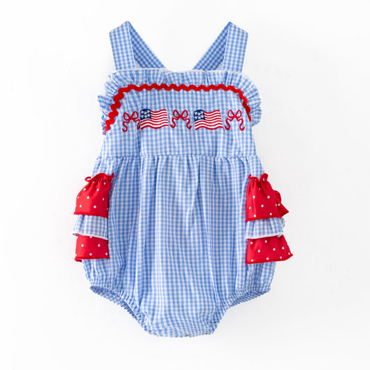 Smocked Flag Gingham Bubble Romper on a white background 