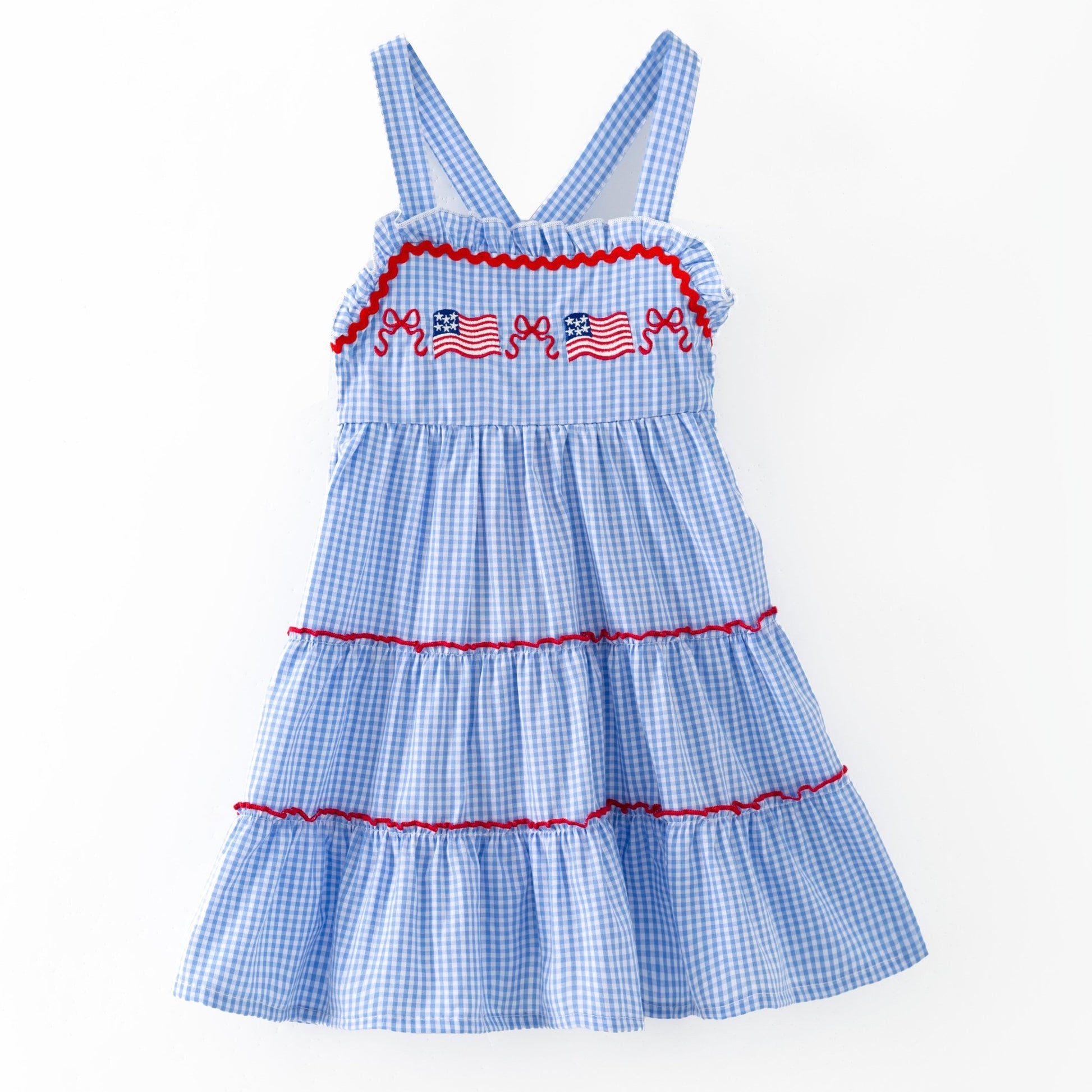  Smocked Flag Gingham Tiered Dress on a white background