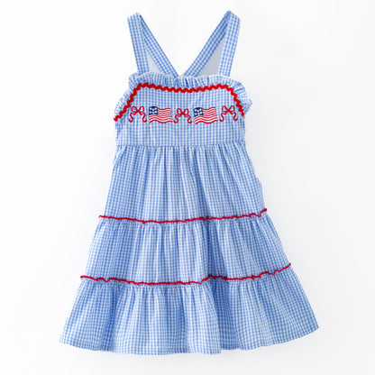  Smocked Flag Gingham Tiered Dress on a white background