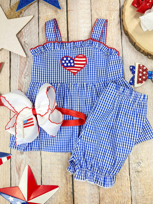 Heart Gingham Bloomer Set on a wooden background