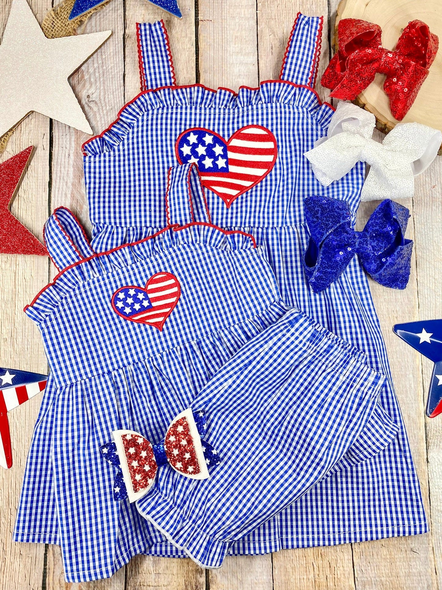 Heart Gingham Bloomer Set and dress on a wooden background