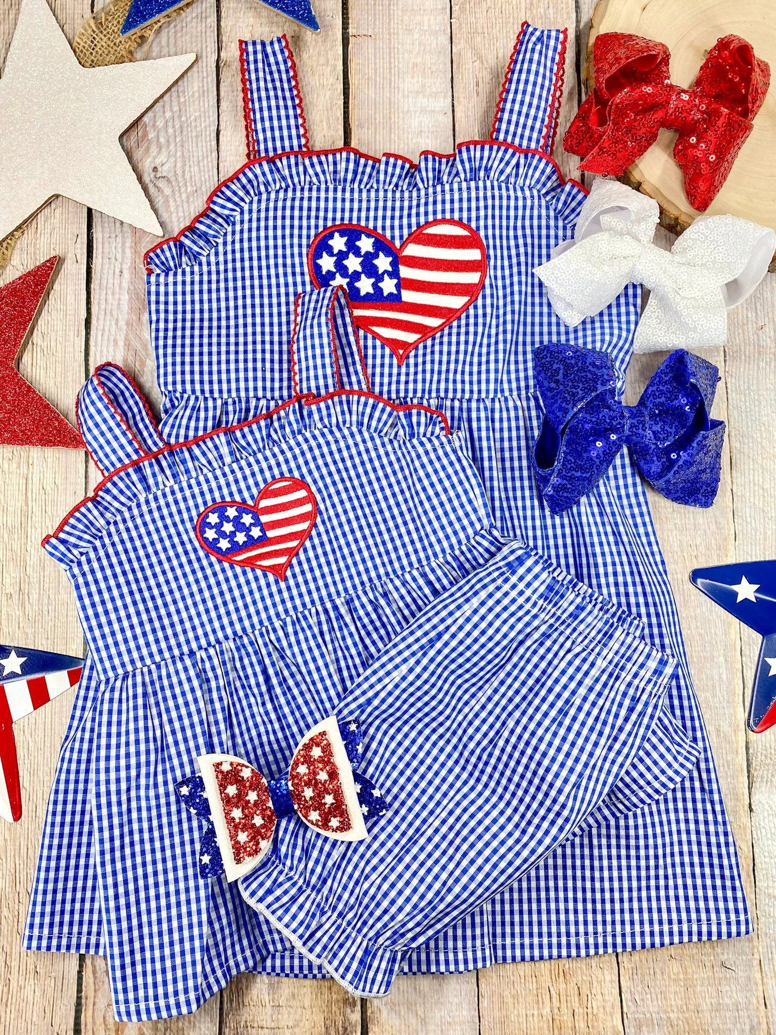 Heart Gingham Bloomer Set and dress on a wooden background