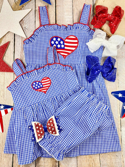 Heart Gingham Bloomer Set and dress on a wooden background
