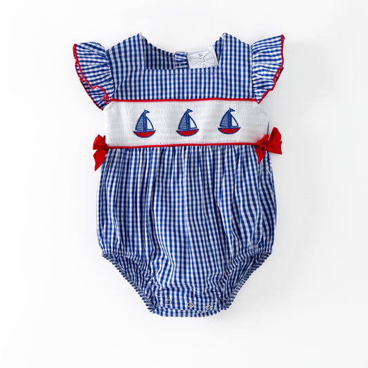 Blue checkered baby romper with sailboat design on a white background - Alternative view