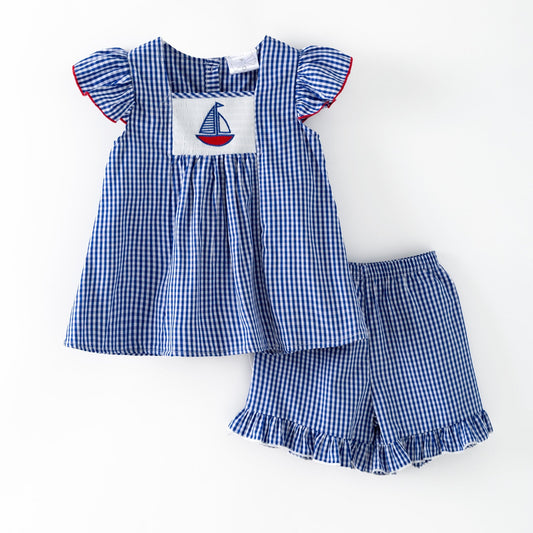 Blue checkered  top and shorts set with sailboat design on a white background - Alternative view