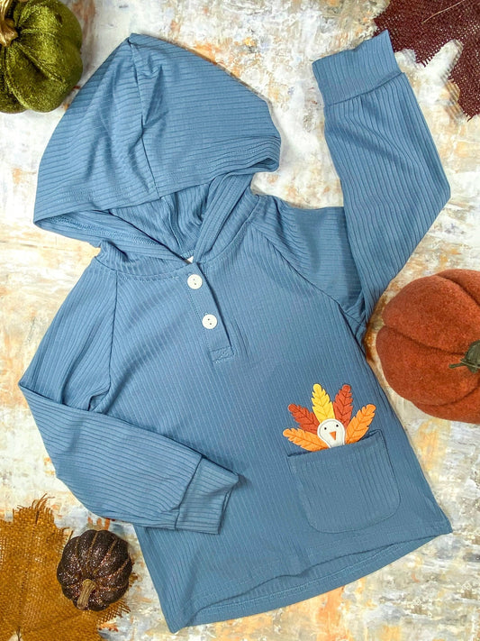 Blue hoodie with a turkey applique