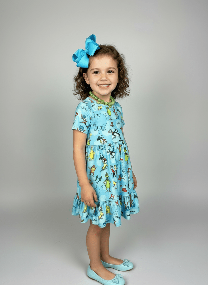 Young girl wearing a blue dress with animal prints against a gray background