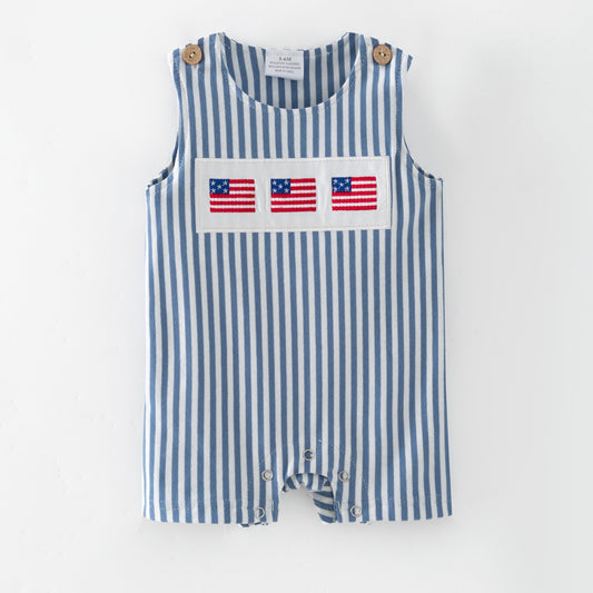 Blue Stripe American Flag Romper | Baby Boy Patriotic Tank Romper