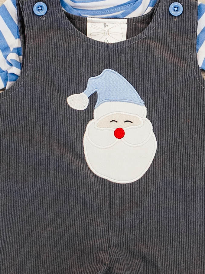 close up of the santa wwearing a light blue hat applique with a dark grey corduroy background