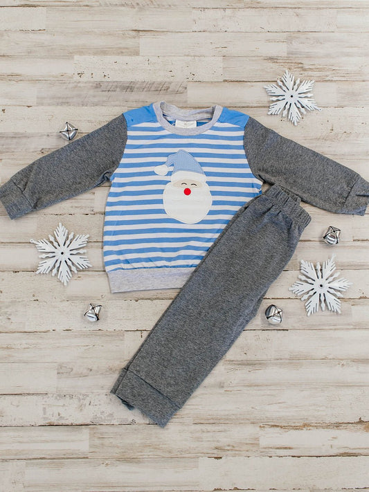 Boys blue and white striped Santa appliqué top with dark grey sleeves and matching pants