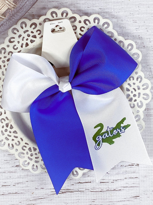 Blue and white Gilmore Gators cheer bow