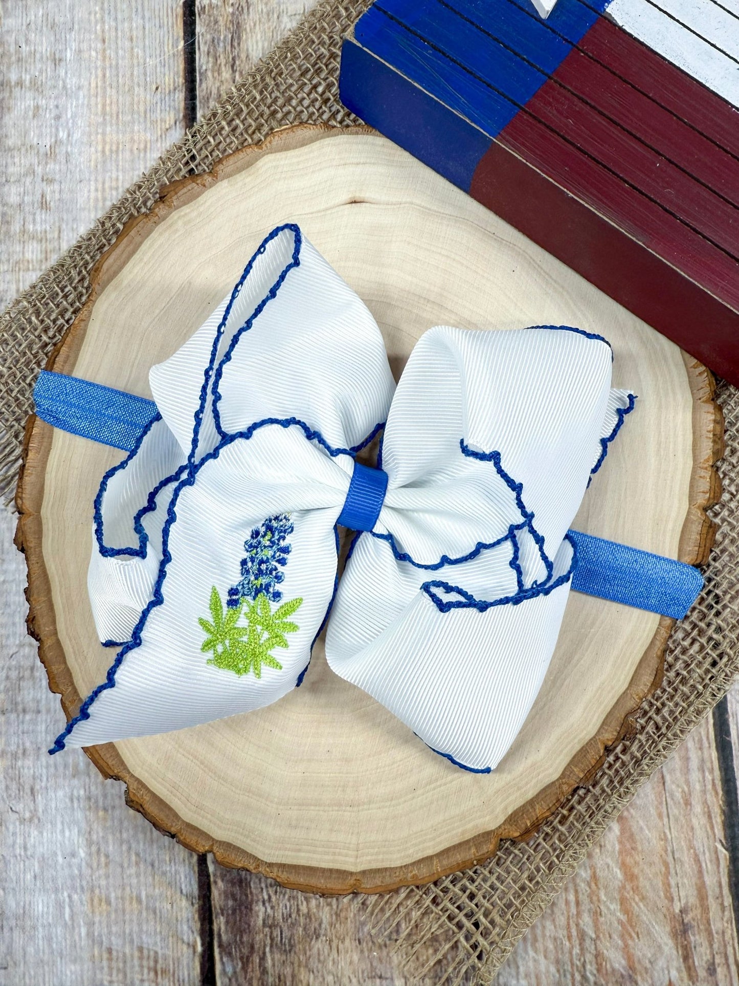 Bluebonnets Embroidered Moonstitch Bow Headband