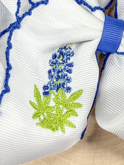 close up of bluebonnet embroidery