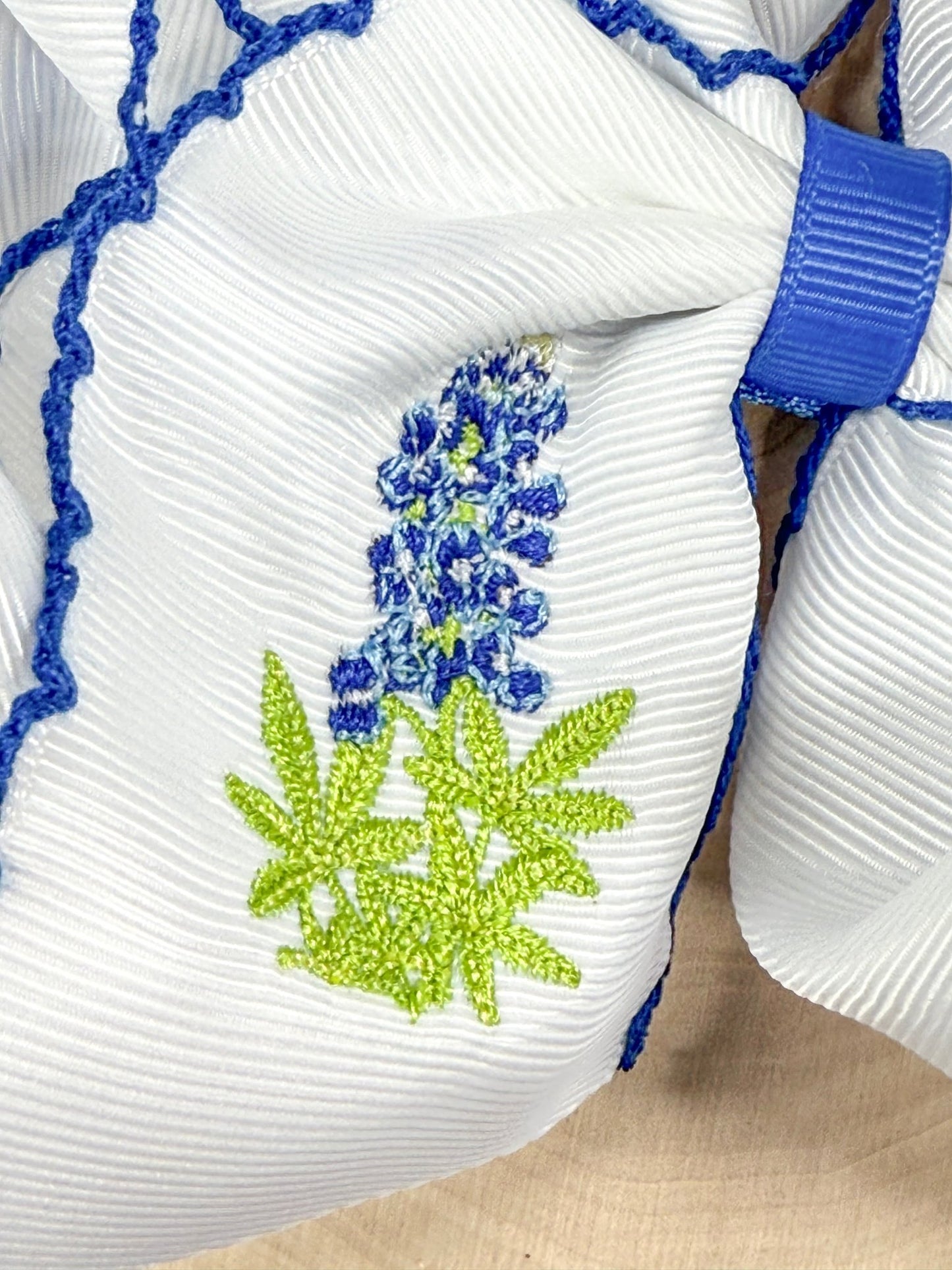close up of the bluebonnet embroidery
