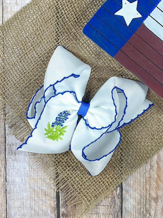 Bluebonnets embroidered moonstitch hair bow on alligator clip