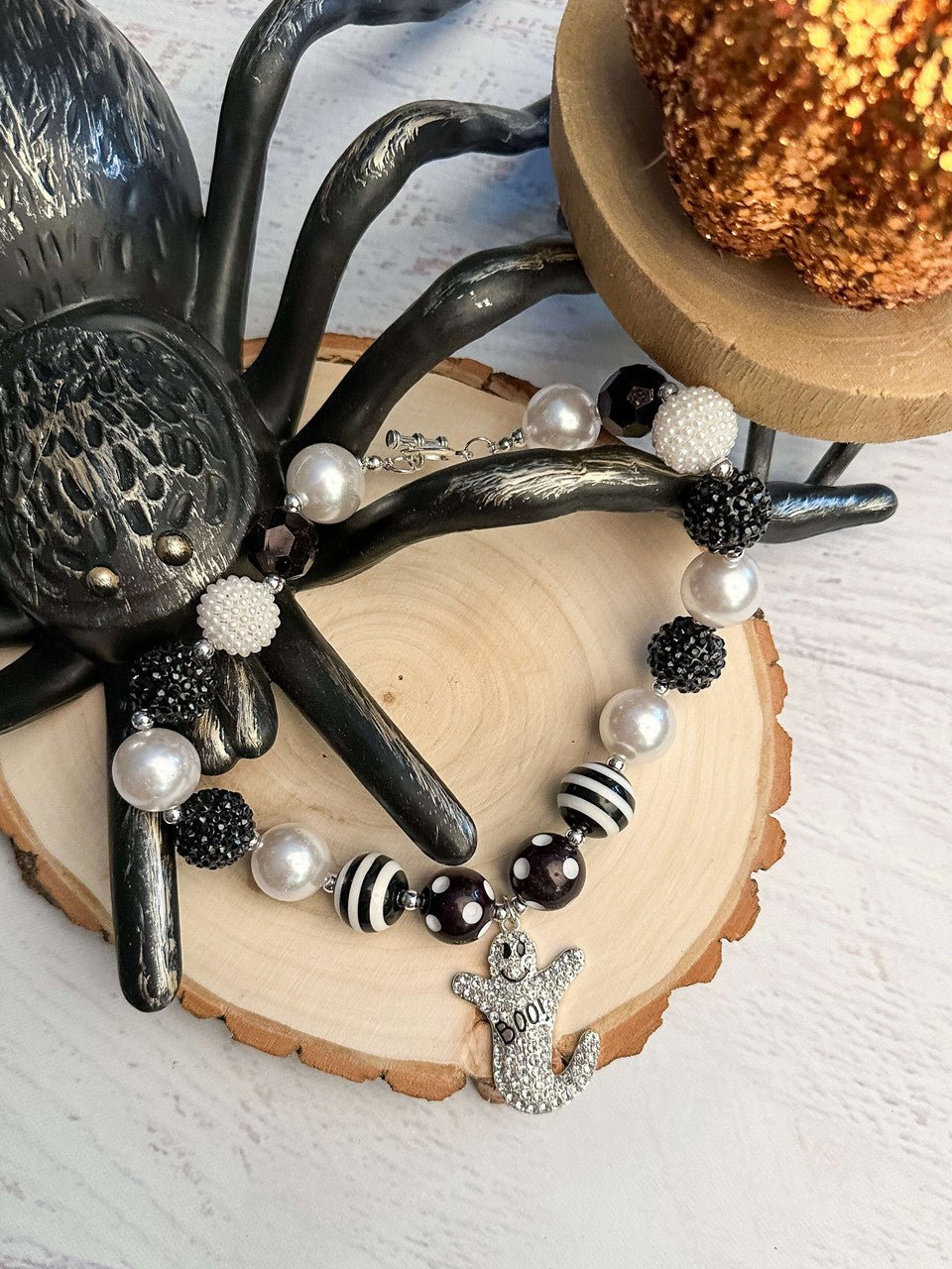 Black and white Boo ghost rhinestone bead necklace