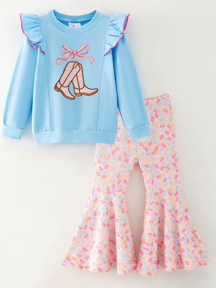 girls cowgirl two-piece with boots appliqué sweatshirt and floral bell bottoms