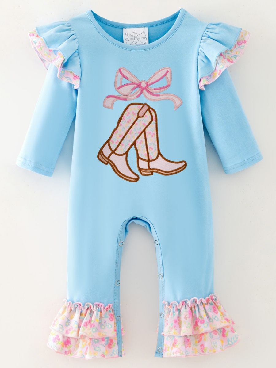 baby girl cowgirl one-piece with boots bow appliqué and floral ruffle leg hems