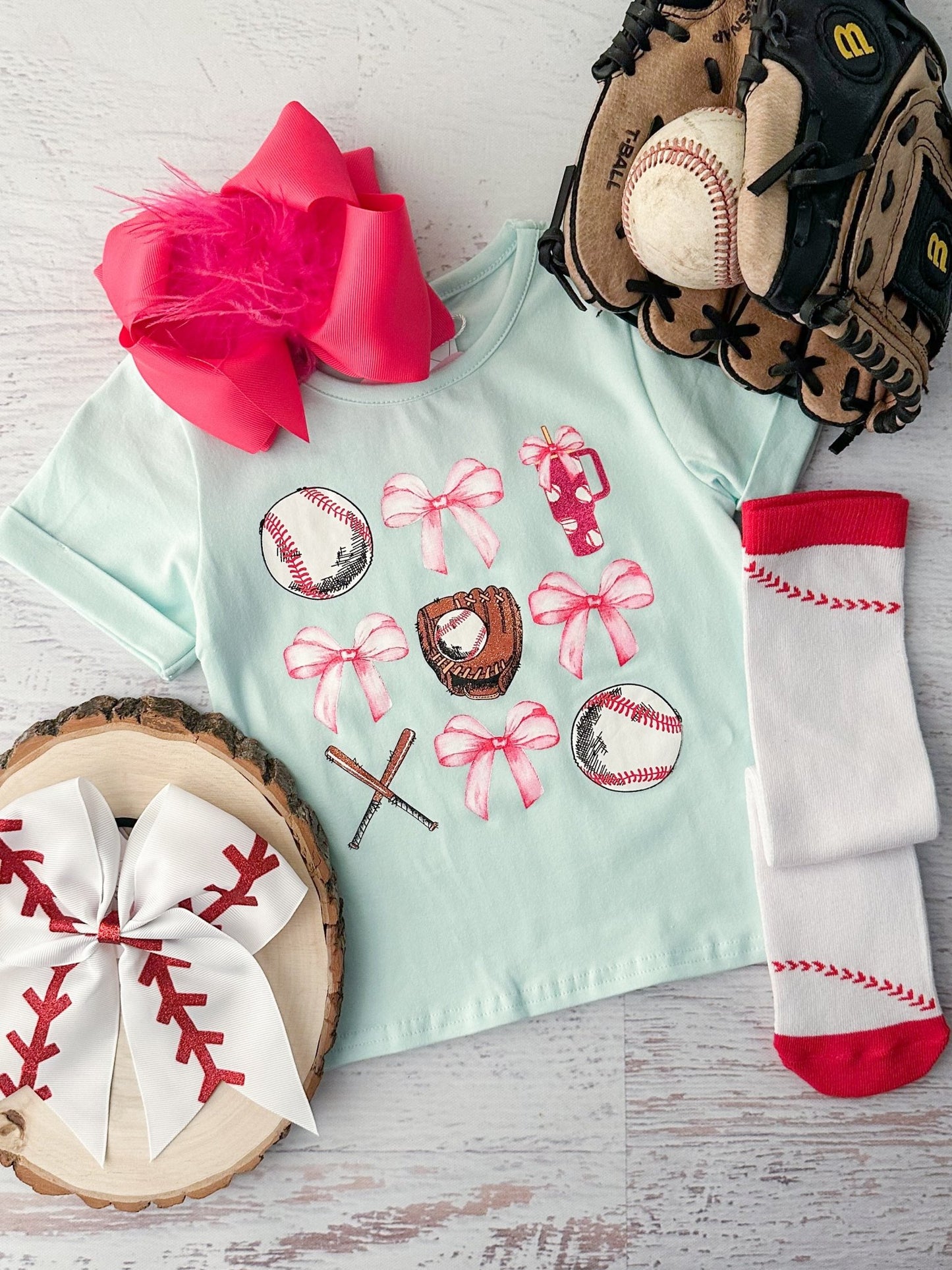 baseball screen print tee with glove and bow 
