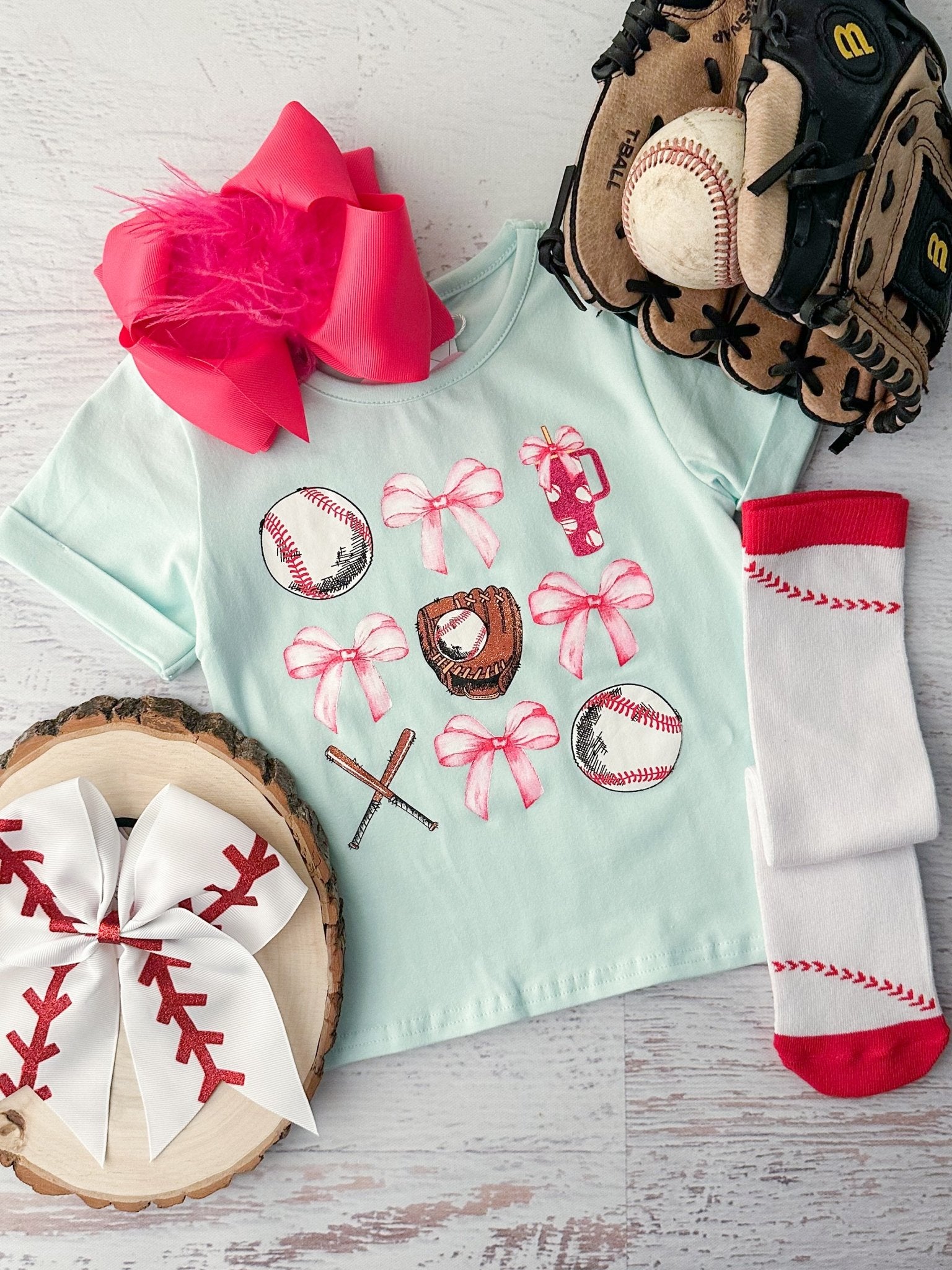baseball screen print tee with glove and bow 