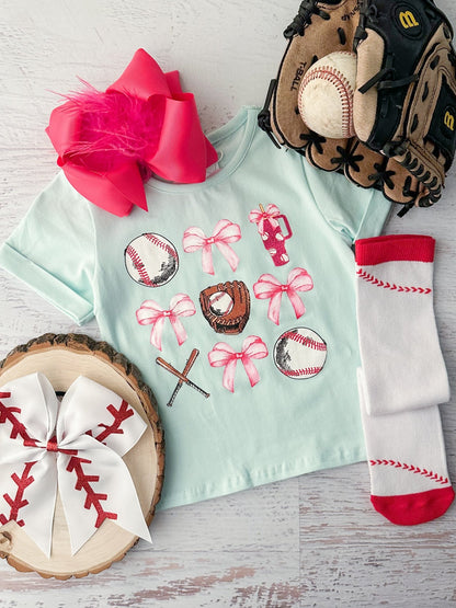 baseball screen print tee with glove and bow 