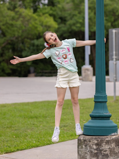model wearing out Bows & Baseballs T-Shirt