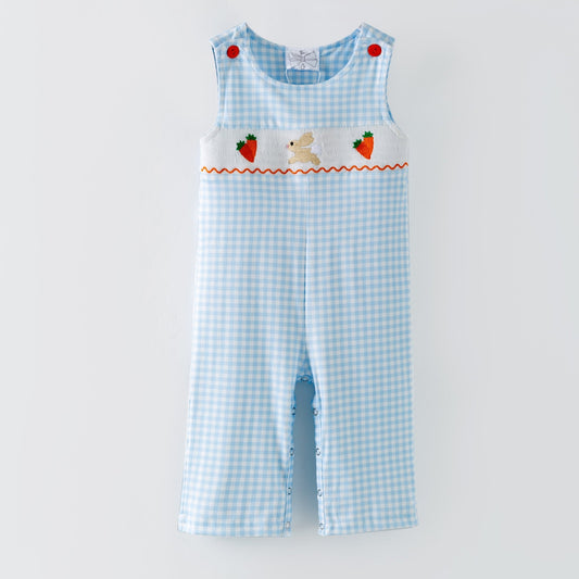 Light blue gingham boys baseball longall with embroidered bunny and carrot details, sleeveless boutique Easter outfit for babies and toddlers - Alternative view