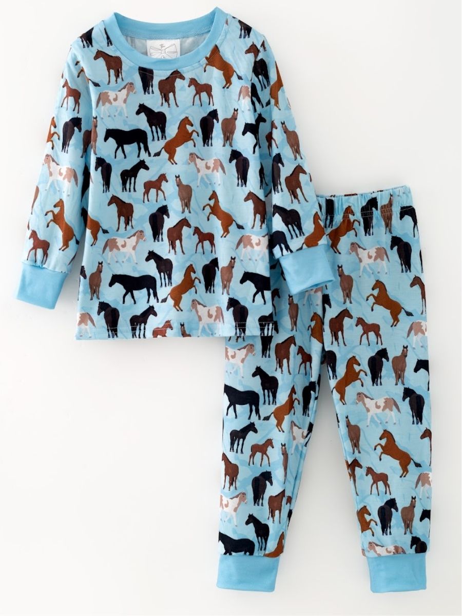 Boys Blue Horse Print Pajama Set with Long Sleeve Top and Pants, Soft Western Sleepwear