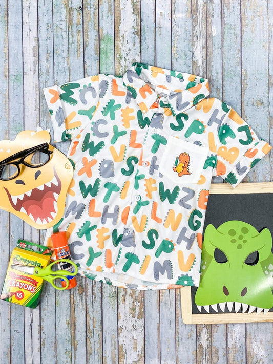 Boys button-down shirt with a dinosaur alphabet print