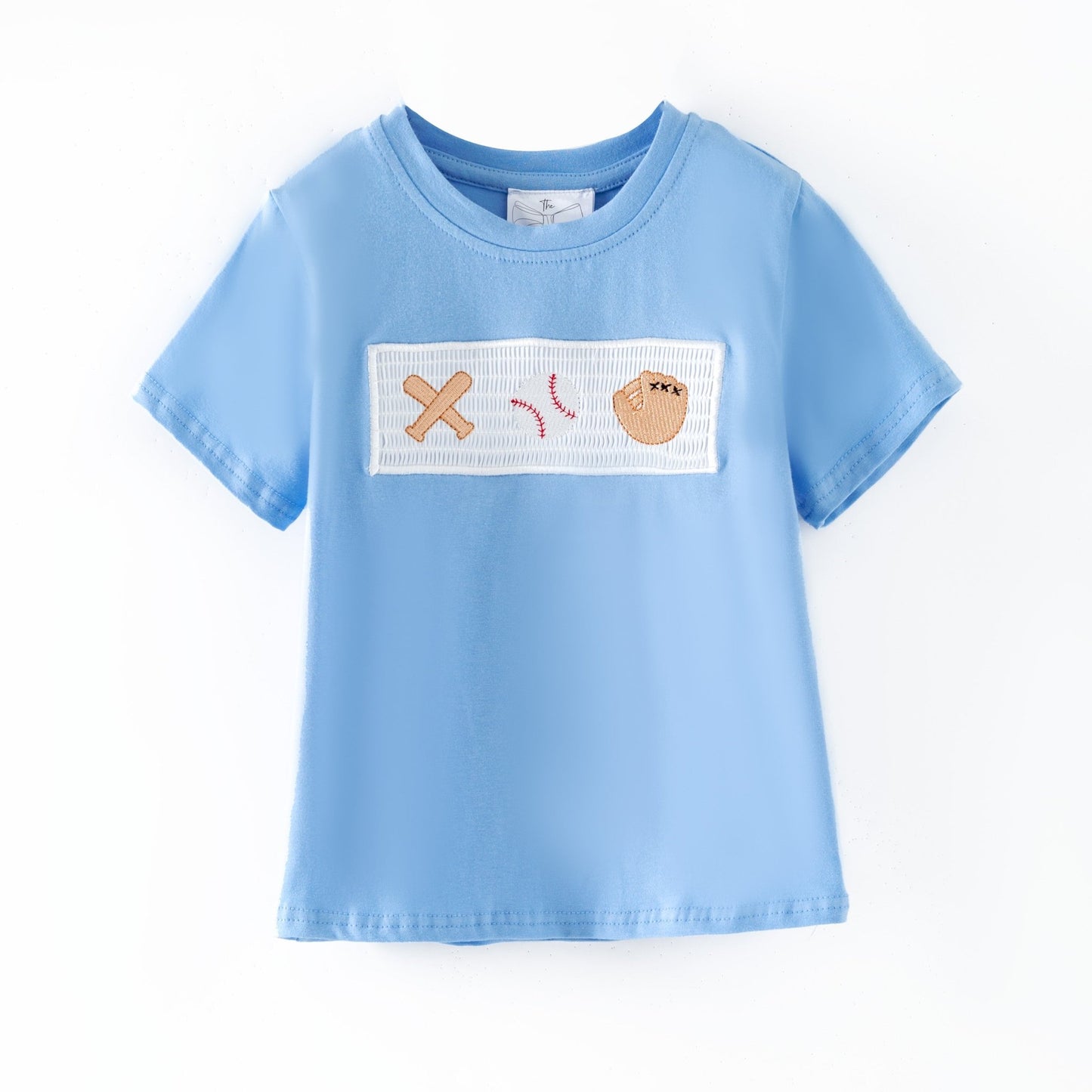 Boys light blue baseball smocked t-shirt with embroidered bat, baseball, and glove, boutique baseball outfit top for boys